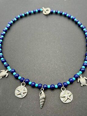 Ocean Themed Charm Necklace in Lapis and Howlite Handmade